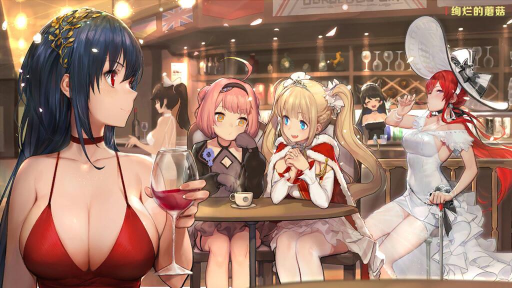 6+girls, ahoge, alcohol, amazon_(azur_lane), animal_ears, atago_(azur_lane), azur_lane, bangs, bare_legs, bare_shoulders, black_dress, black_gloves, black_hair, blonde_hair, blue_eyes, blush, bonet, bow, breasts, bridal_gauntlets, choker, cleavage, closed_eyes, closed_mouth, cocktail_dress, cup, dress, drinking, drinking_glass, earrings, eyebrows_visible_through_hair, fang, gloves, gorgeous_mushroom, hair_between_eyes, hair_flaps, hair_ornament, hair_ribbon, halter_top, halterneck, hat, hat_bow, headband, jewelry, large_breasts, long_hair, looking_at_viewer, low_ponytail, maid_headdress, monarch_(azur_lane), multiple_girls, open_mouth, pink_hair, ponytail, red_choker, red_dress, red_eyes, redhead, ribbon, sidelocks, sitting, smile, star, star_earrings, sun_hat, taihou_(azur_lane), takao_(azur_lane), thigh-highs, thighlet, twintails, u-81_(azur_lane), white_bow, white_dress, white_legwear, wine, wine_glass, yellow_eyes