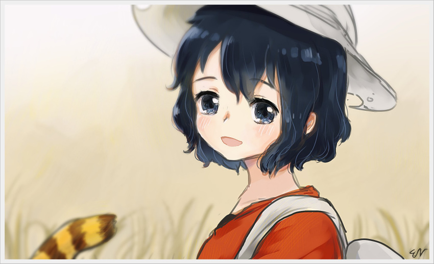 2girls, backpack, bag, black_hair, blue_eyes, blush, commentary, eyebrows_visible_through_hair