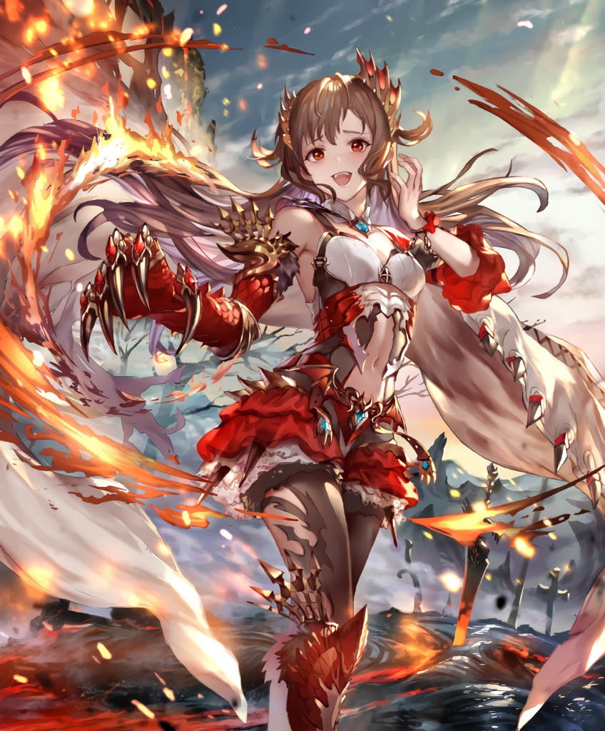 1girl, :d, artist_request, breasts, brown_hair, cygames, dragon_claw, fire, frills, galmieux_omen_of_disdain, long_hair, navel, navel_cutout, official_art, open_mouth, planted_sword, planted_weapon, red_eyes, scales, shadowverse, skirt, small_breasts, smile, sword, weapon