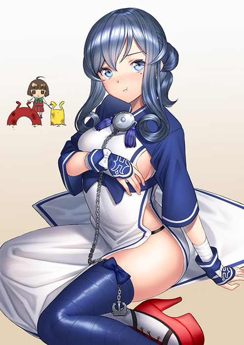 2girls, ainu_clothes, alternate_costume, anchor, aqua_neckwear, blue_eyes, blue_hair, blush