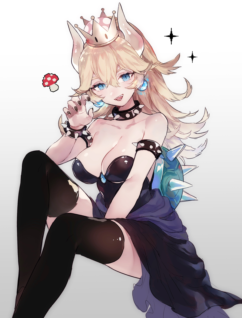 1girl, bare_shoulders, black_dress, black_legwear, blonde_hair, blue_eyes, bowsette, bracelet