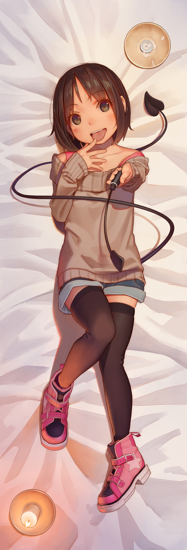 1girl, :p, bed_sheet, black_legwear, blush, brown_eyes, brown_hair, brown_sweater