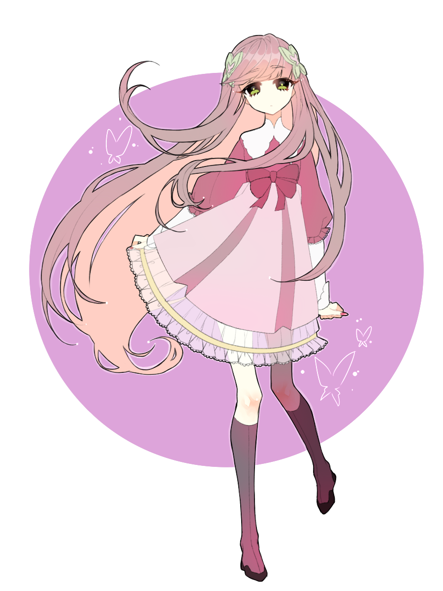 1girl, bangs, blunt_bangs, bow, brown_hair, butterfly_hair_ornament, capcom, dress, dress_bow, eyebrows_visible_through_hair, full_body, green_eyes, hair_ornament, highres, iris_(rockman_exe), long_hair, puffy_sleeves, rockman, rockman_exe, simple_background, solo, uru-arrow, very_long_hair