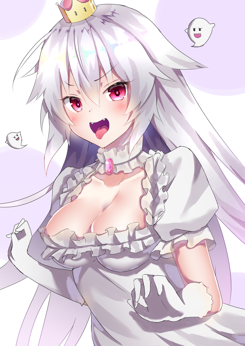 1girl, :d, absurdres, bangs, blush, boo, breasts, brooch