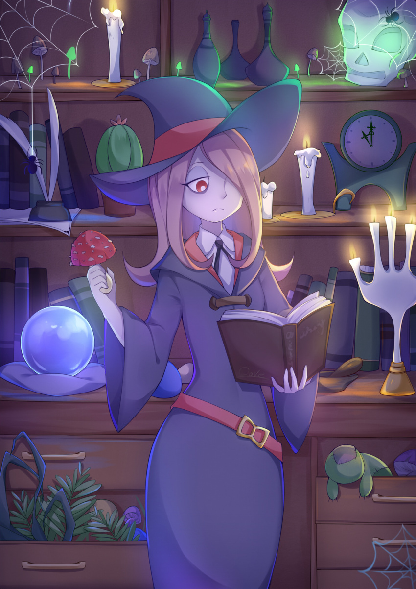 1girl, artist_name, book, bug, candle, clock, crystal_ball, desk, doll, drawer, expressionless, flower_pot, glowing, hair_over_one_eye, hat, highres, holding, holding_book, holding_mushroom, ink, ink_bottle, little_witch_academia, long_hair, long_sleeves, luna_nova_school_uniform, mushroom, okami_hiro, open_book, open_drawer, paper, pillow, pink_hair, pixiv_username, plant, quill, reading, red_eyes, robe, shelf, signature, silk, skull, solo, spider, spider_web, stitches, sucy_manbavaran, vase, wax, witch, witch_hat