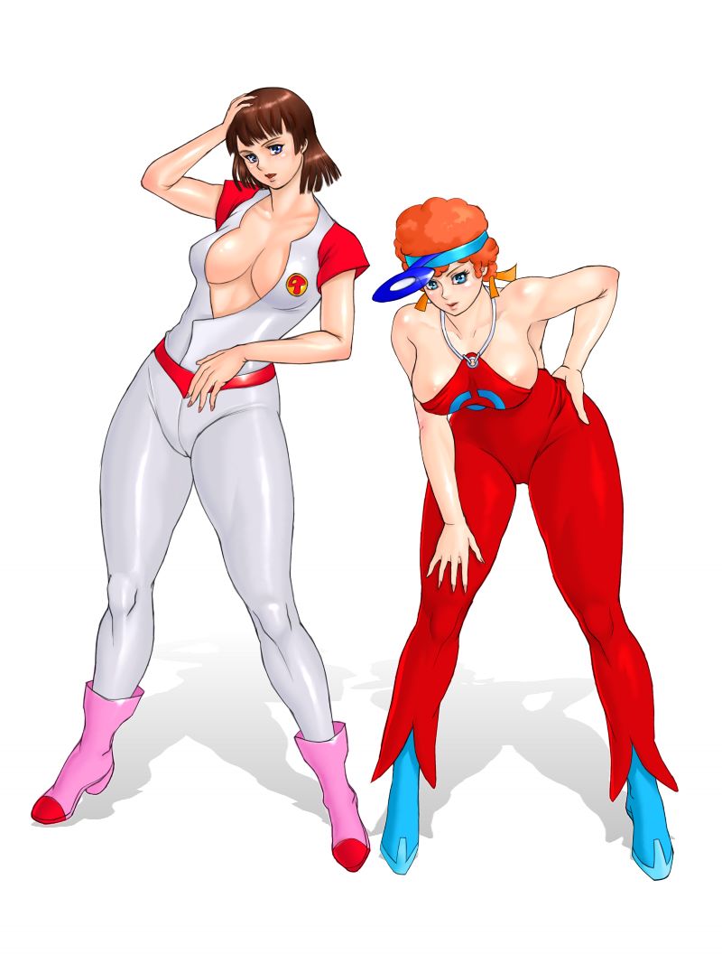 2girls, blue_eyes, boots, brown_hair, orange_hair, short_hair, skin_tight, zen_and_retro