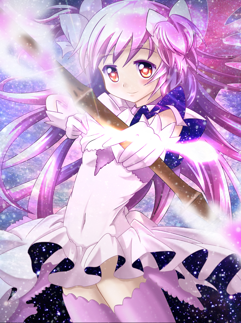 artist_request, bow_(weapon), gloves, goddess_madoka, light_arrows, light_particles, long_hair, mahou_shoujo_madoka_magica