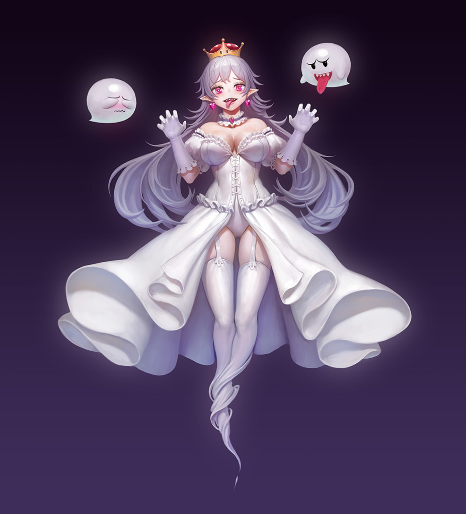 1girl, amidakuji, banajune, bare_shoulders, boo, collar, crown, dress