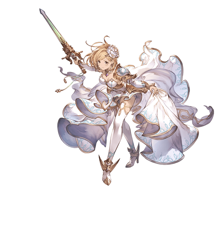 blonde_hair, breasts, brown_eyes, cleavage, cosplay, detached_sleeves, djeeta_(granblue_fantasy), dress