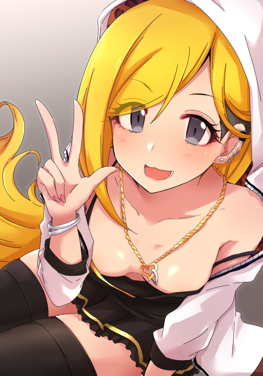 1girl, bangle, bare_shoulders, black_dress, black_legwear, blonde_hair, bracelet, breasts