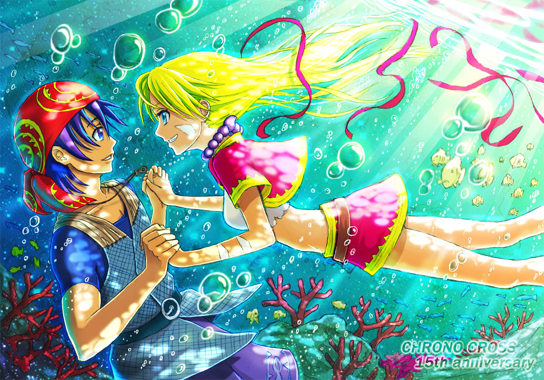 1boy, 1girl, bandanna, blonde_hair, blue_eyes, blue_hair, breasts, chrono_cross