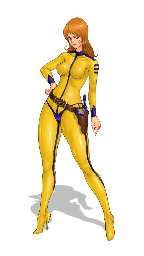 belt, bodysuit, breasts, crossdraw_holster, erect_nipples, gun, hand_on_hip, high_heels, holster, long_hair, mori_yuki, oldschool, orange_hair, red_eyes, ribs, shadow, shoes, simple_background, skin_tight, smile, solo, uchuu_senkan_yamato, weapon, zen_and_retro