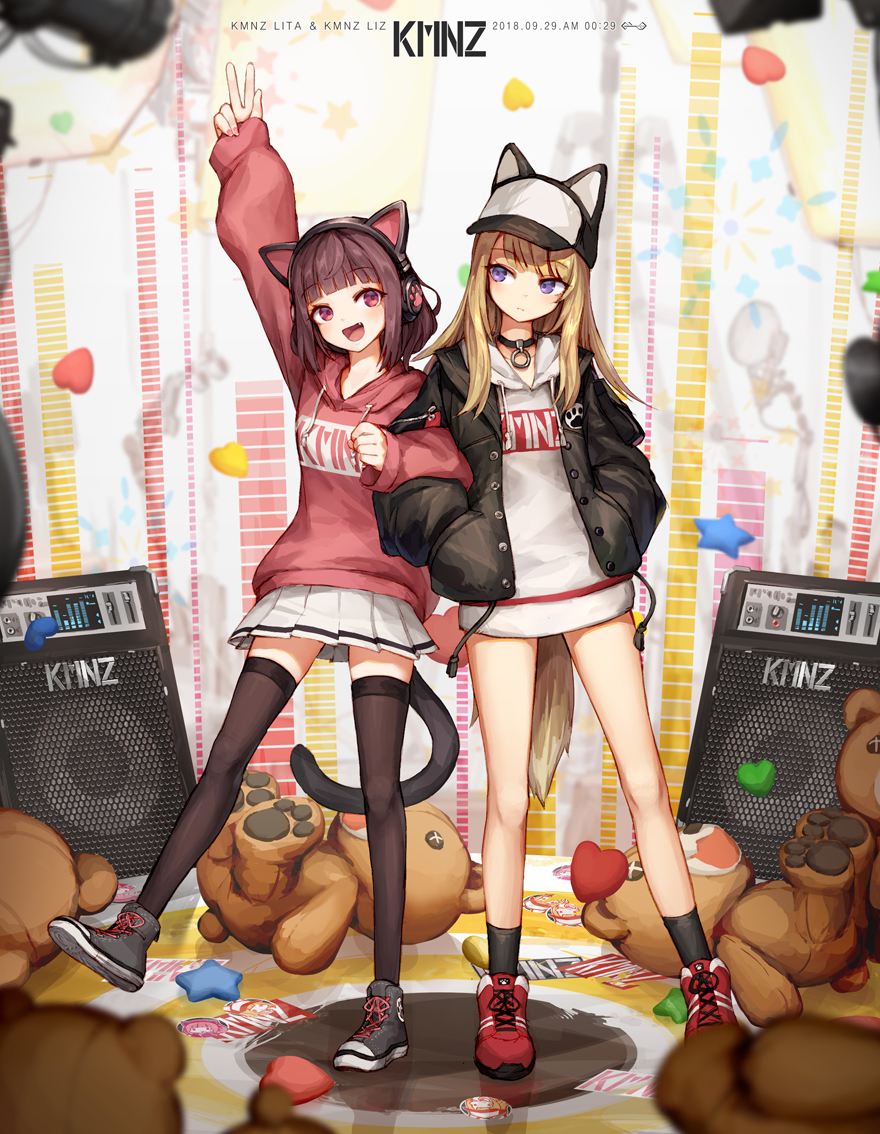 2girls, animal_ears, animal_hat, arm_up, bangs, baseball_cap, black_footwear, black_jacket