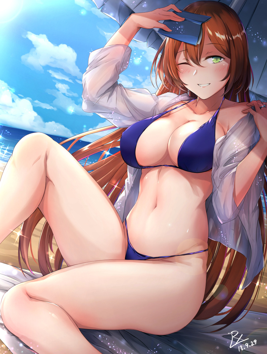 1girl, absurdres, alternate_costume, alternate_hairstyle, anvel, bangs, bare_shoulders, beach