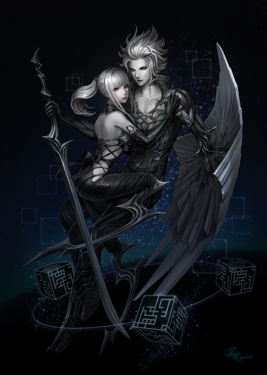 1boy, 1girl, ass, back_bow, black_bow, black_clothes, black_gloves, blue_eyes, bow, cube, dark_background, elbow_gloves, expressionless, final_fantasy, final_fantasy_xiv, gloves, grey_skin, hand_on_another's_chest, highres, leg_blade, looking_at_viewer, omega-f, omega-m, poklala, ponytail, shield, spiky_hair, sword, violet_eyes, weapon