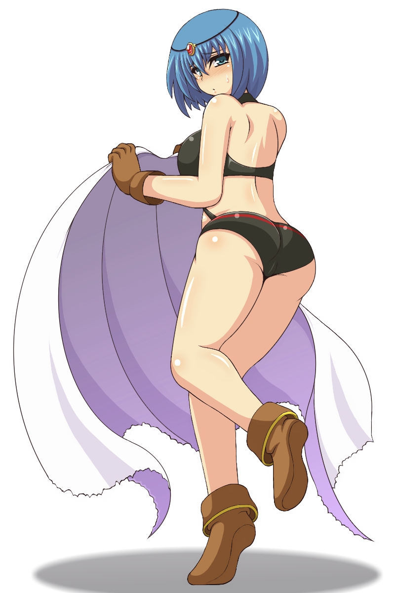 1girl, ass, bare_shoulders, blue_eyes, blue_hair, blush, boots, breasts
