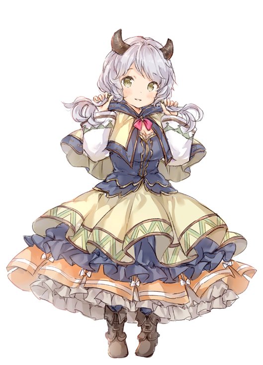1girl, camieux, capelet, draph, dress, frilled_dress, frills, granblue_fantasy, green_eyes, horns, long_hair, low_twintails, silver_hair, twintails, wataame27