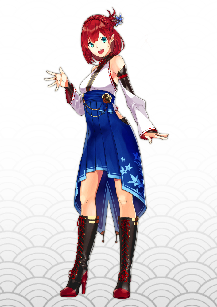 akamiso_(k074510), black_footwear, blue_eyes, blue_flower, blue_hakama, boots, braid, detached_sleeves