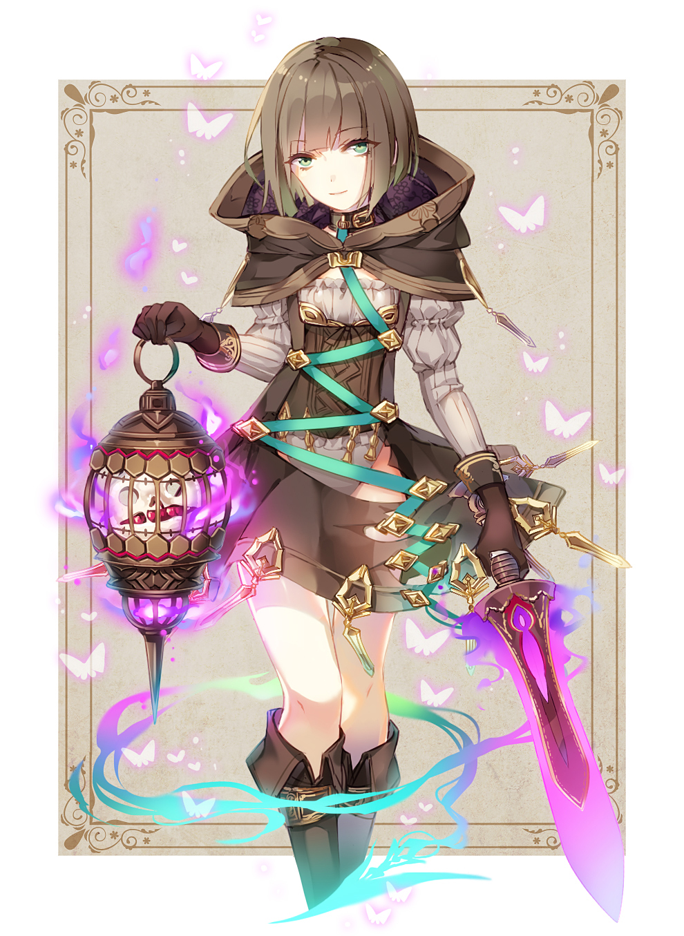 1girl, boots, brown_hair, brown_skirt, bug, butterfly, capelet, cropped_legs, eyebrows_visible_through_hair, green_eyes, gretel_(sinoalice), grey_leotard, grey_shirt, highres, holding, holding_sword, holding_weapon, insect, kina_(446964), knee_boots, leotard, looking_at_viewer, shiny, shiny_hair, shirt, short_hair, sinoalice, skirt, smile, solo, standing, suspender_skirt, suspenders, sword, weapon, white_background