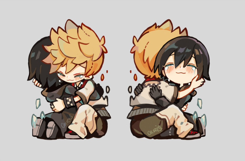 1boy, 1girl, :3, black_coat, black_coat_(kingdom_hearts), black_gloves, black_hair, blush