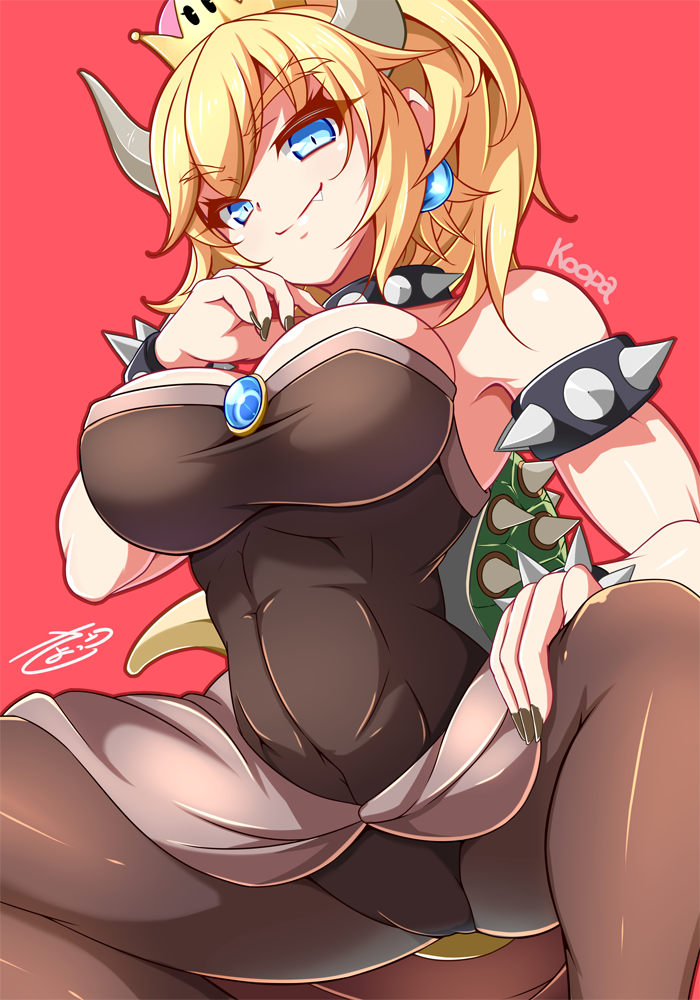 1girl, bare_shoulders, black_legwear, black_leotard, black_nails, blonde_hair, blue_earrings, bowsette