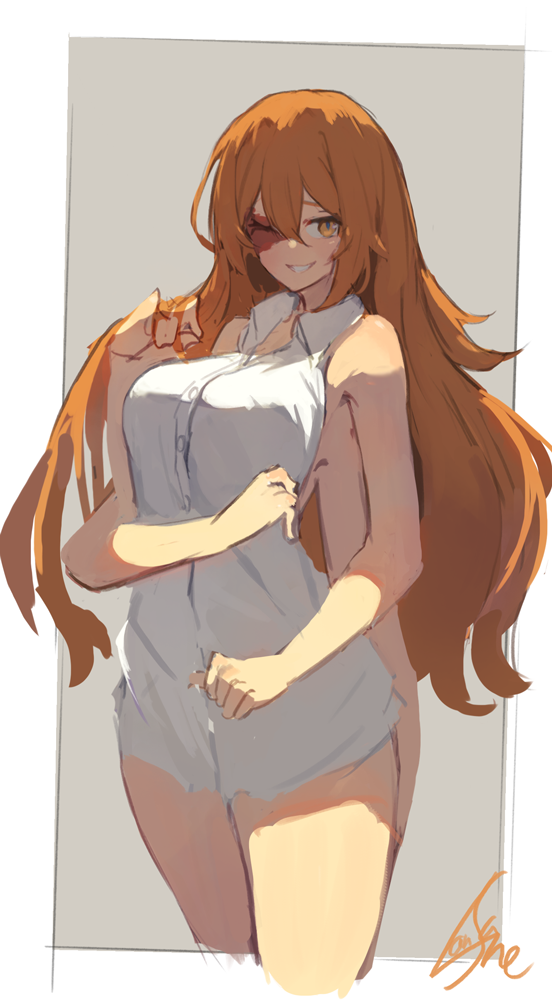 1girl, bare_arms, bare_shoulders, big_hair, collared_shirt, cowboy_shot, grey_background, hair_between_eyes