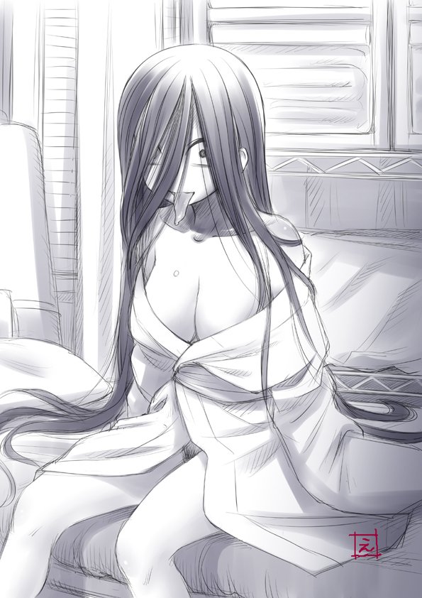 1girl, bare_shoulders, bed, breasts, cleavage, commentary_request, ebifly, greyscale