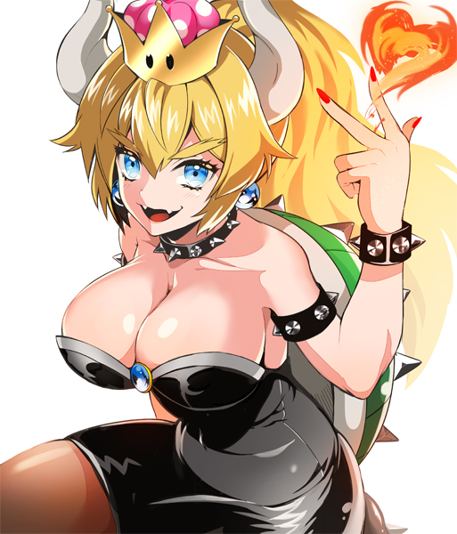 1girl, arm_at_side, bangs, bare_shoulders, black_dress, blue_earrings, blush, bowsette, bracelet, breasts, cleavage, collar, commentary_request, dress, eyebrows_visible_through_hair, fangs, fingernails, fireball, hair_between_eyes, hand_up, heart_of_fire, hips, jewelry, large_breasts, light_blue_eyes, long_ponytail, super_mario_bros., mt966, nail_polish, new_super_mario_bros._u_deluxe, nintendo, open_mouth, pantyhose, pointy_ears, red_nails, sharp_fingernails, shiny, shiny_clothes, shiny_hair, sidelocks, simple_background, sitting, smile, solo, spiked_bracelet, spiked_collar, spiked_shell, spikes, strapless, strapless_dress, super_crown, tail, thick_eyebrows, thick_thighs, thighs, tongue, tube_dress, white_background, wide_ponytail