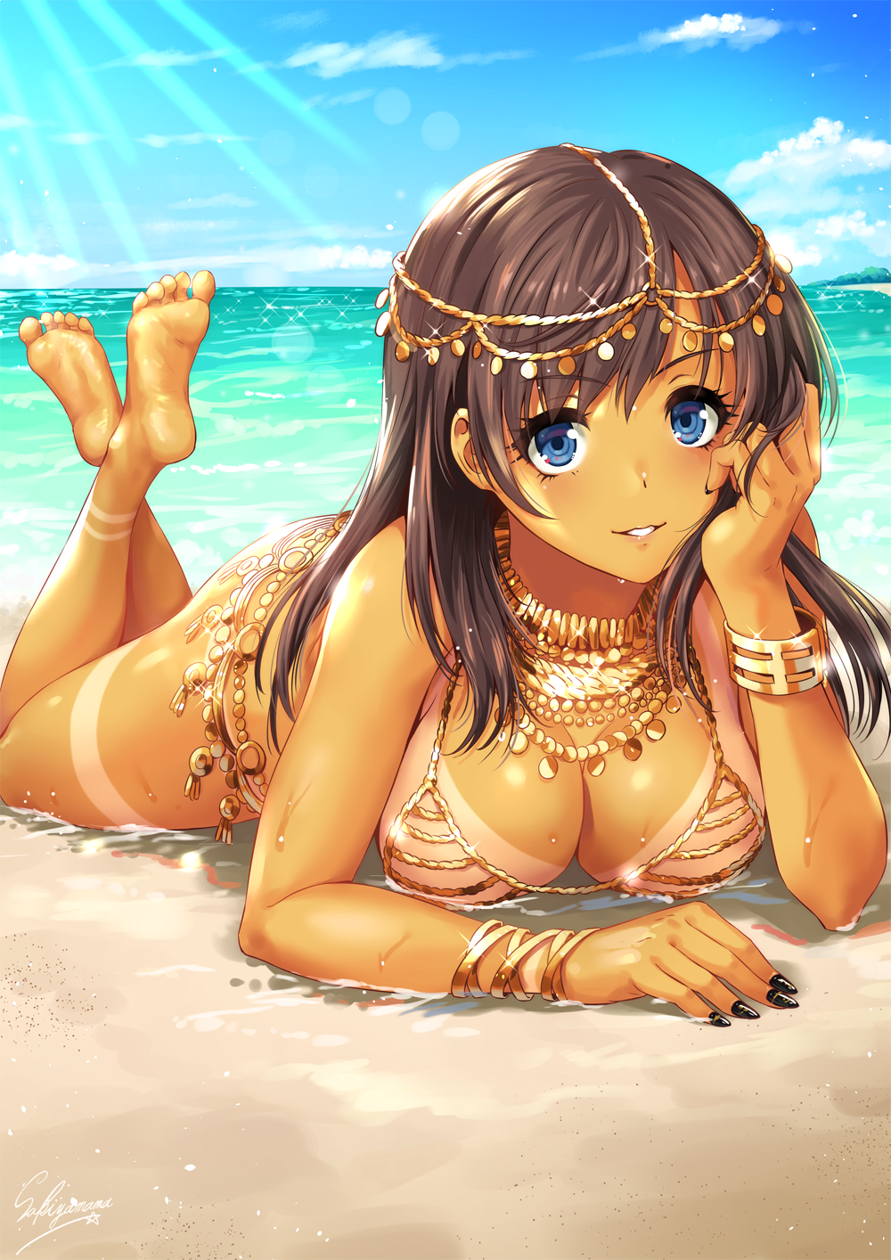 1girl, ass, bangle, bangs, bare_legs, barefoot, beach, bikini, black_nails, blue_eyes, blue_sky, bracelet, breasts, brown_hair, circlet, cleavage, clouds, collarbone, commentary_request, crossed_ankles, day, eyebrows_visible_through_hair, fate/grand_order, fate_(series), feet_up, gold, gold_trim, hand_on_head, head_rest, highres, jewelry, long_hair, looking_at_viewer, lying, mata_hari_(fate/grand_order), nail_polish, necklace, ocean, on_stomach, open_mouth, outdoors, parted_lips, partially_submerged, sakiyamama, sand, sidelocks, signature, sky, smile, solo, sunlight, swimsuit, swimsuit_tan, tan, tanline, the_pose, water, wet
