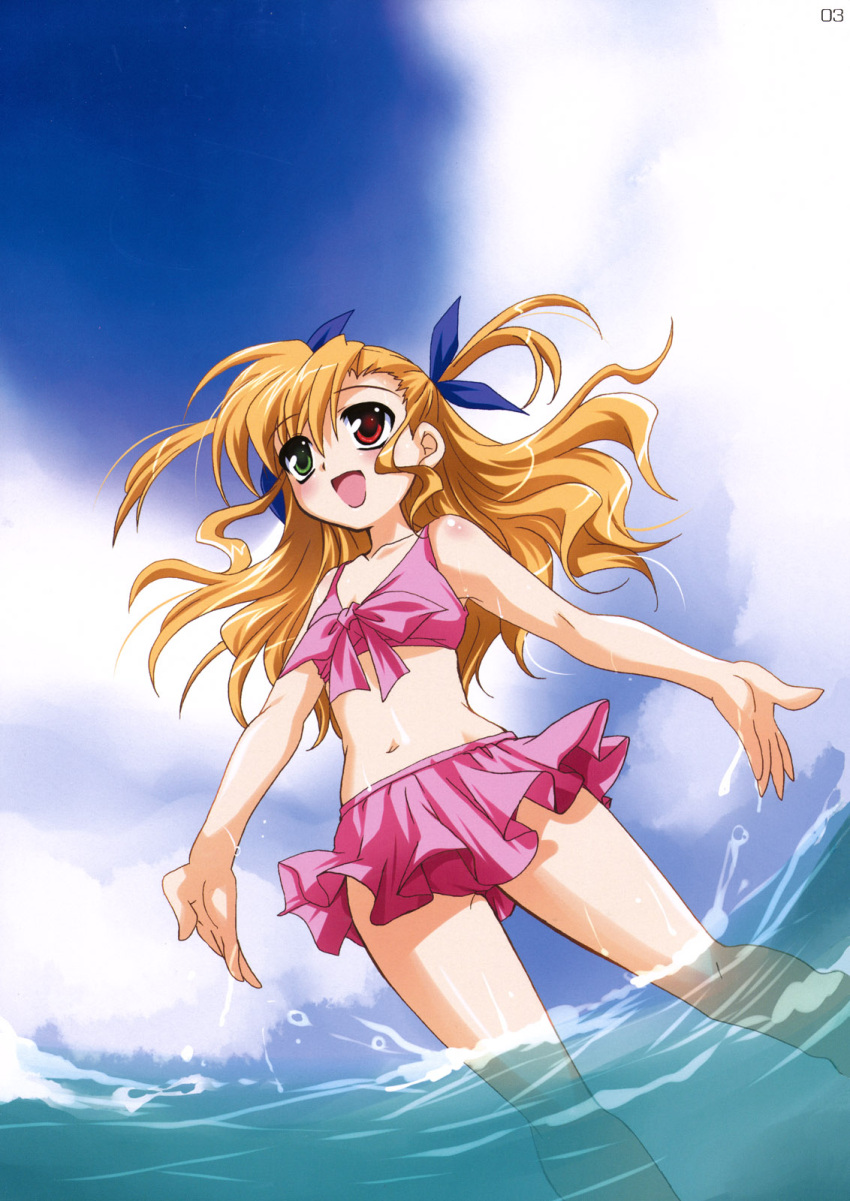 bikini_skirt, blonde_hair, heterochromia, highres, kanna_(plum), mahou_shoujo_lyrical_nanoha, mahou_shoujo_lyrical_nanoha_strikers, plum_(artist)