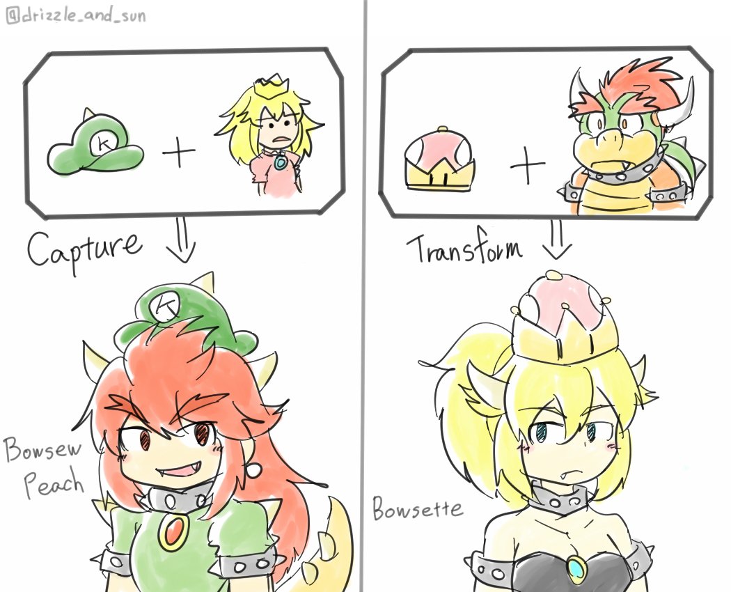 +, 1boy, 3girls, black_dress, blonde_hair, bowser, bowsette, bracelet