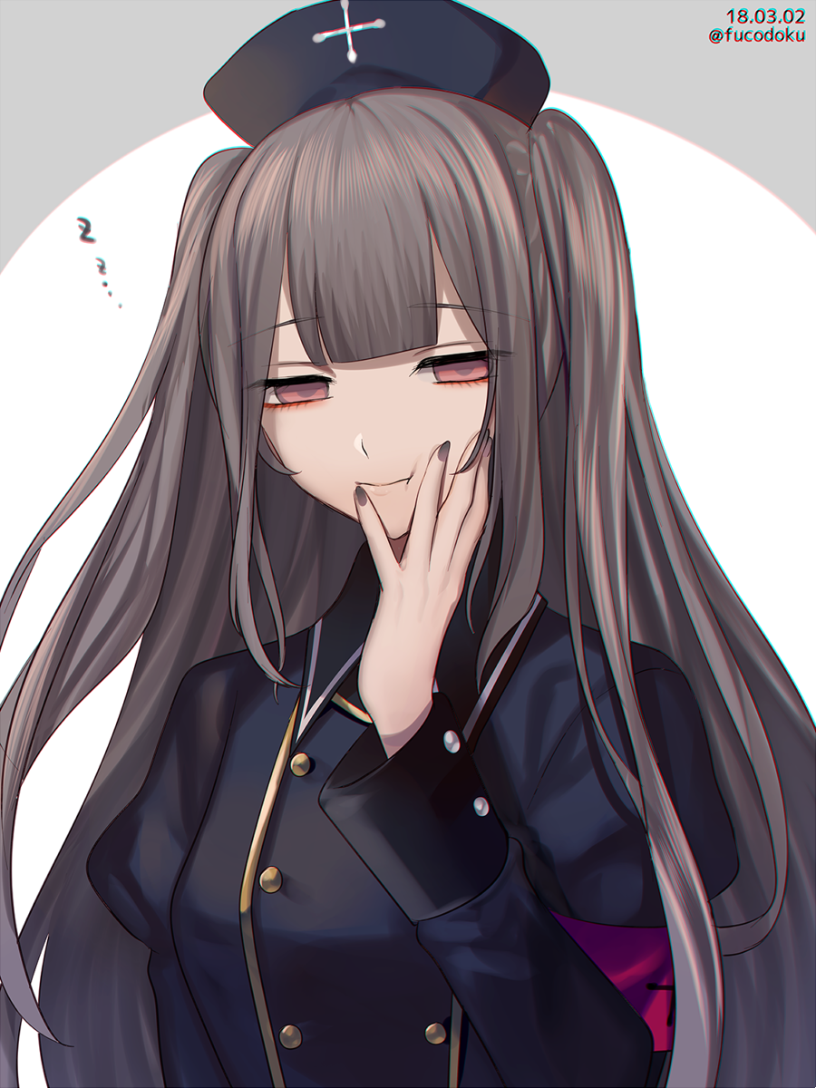 1girl, armband, bangs, dated, eyebrows_visible_through_hair, fucodoku, grey_hair, hand_on_own_face, hat, highres, long_hair, minai_karte, nail_polish, nurse, nurse_cap, pink_eyes, smile, two_side_up, virtual_clinic, virtual_youtuber