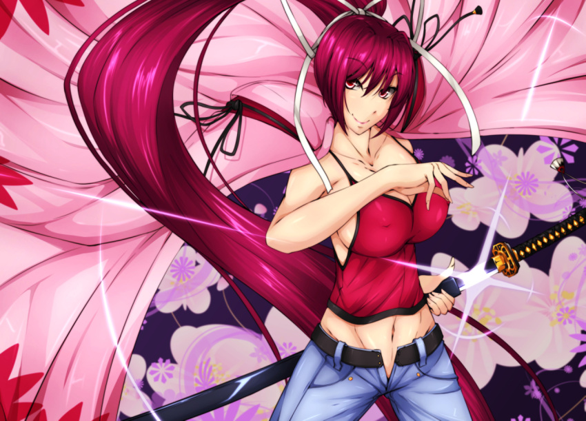 1girl, breasts, byakkun_(byakkun8181), camisole, fingernails, hair_intakes, hair_ribbon, holding, holding_sword, holding_weapon, katana, large_breasts, long_fingernails, long_hair, midriff, navel, pants, ponytail, purple_hair, red_eyes, ribbon, sheath, sheathed, smile, solo, sword, under_night_in-birth, very_long_hair, weapon, yuzuriha_(under_night_in-birth)