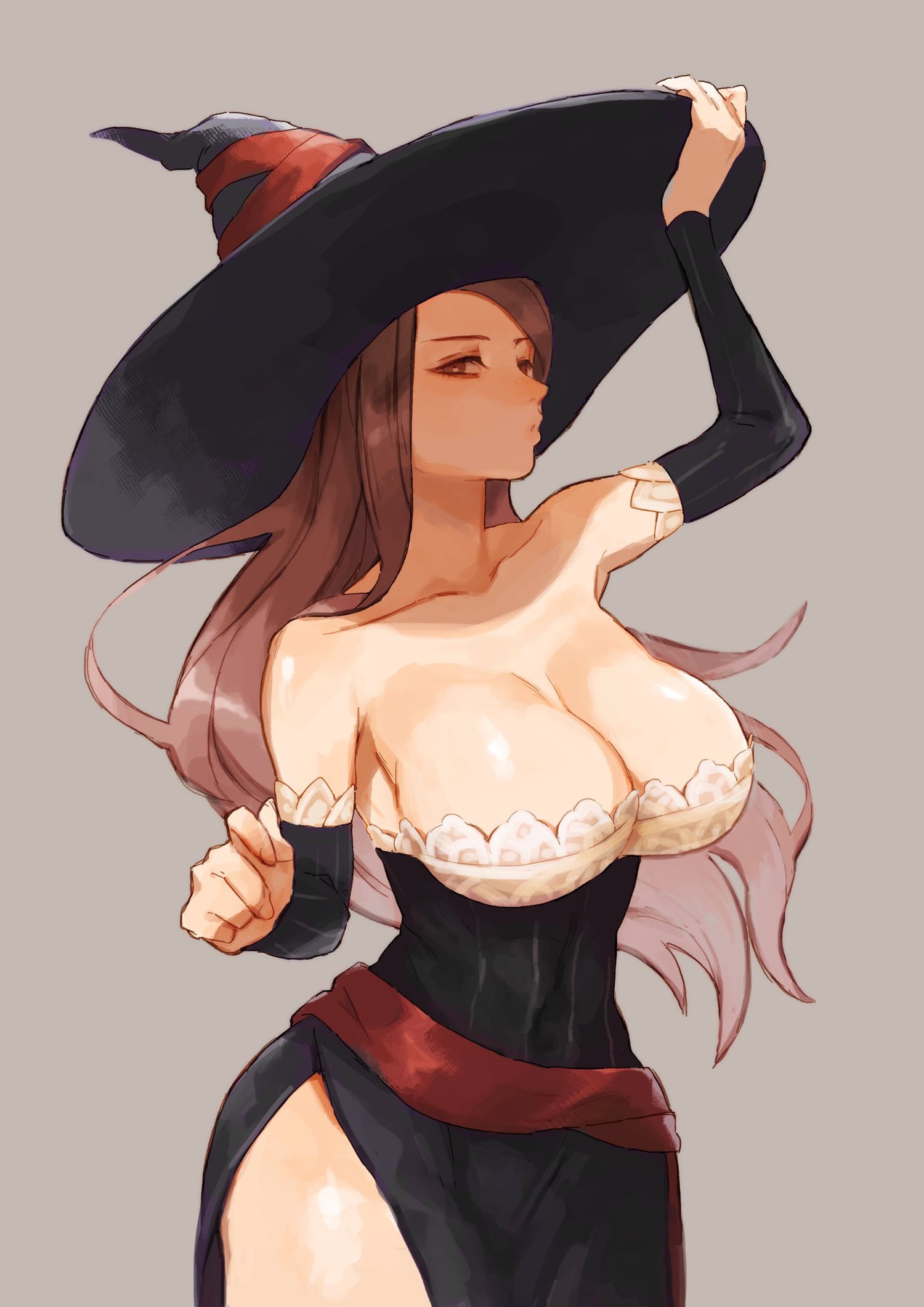 1girl, armpits, bare_shoulders, breasts, brown_eyes, brown_hair, cleavage, collarbone, commentary_request, domodesu, dragon's_crown, eyebrows, eyelashes, female, grey_background, hand_on_headwear, hat, highres, hips, large_breasts, long_hair, looking_at_viewer, solo, sorceress_(dragon's_crown), thick_thighs, thighs, wide_hips, witch_hat