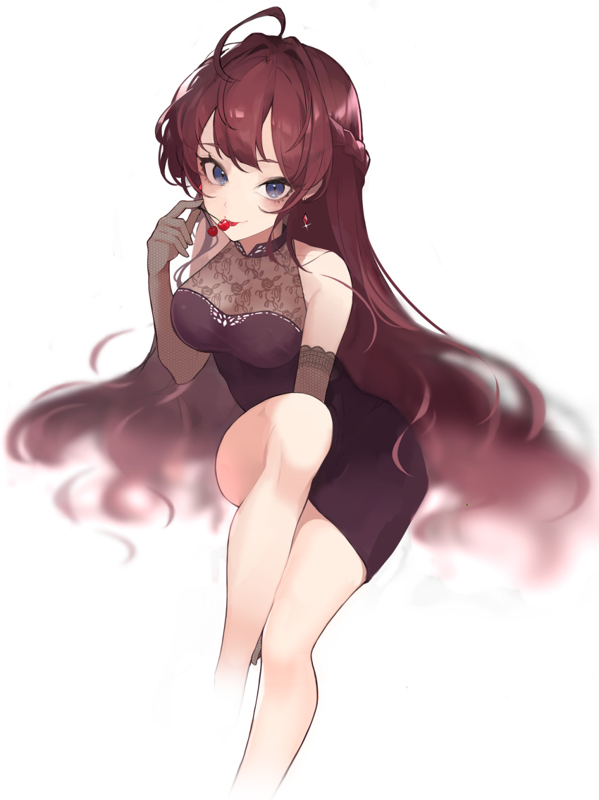 1girl, :p, absurdres, ahoge, bangs, bare_shoulders, black_dress, black_gloves