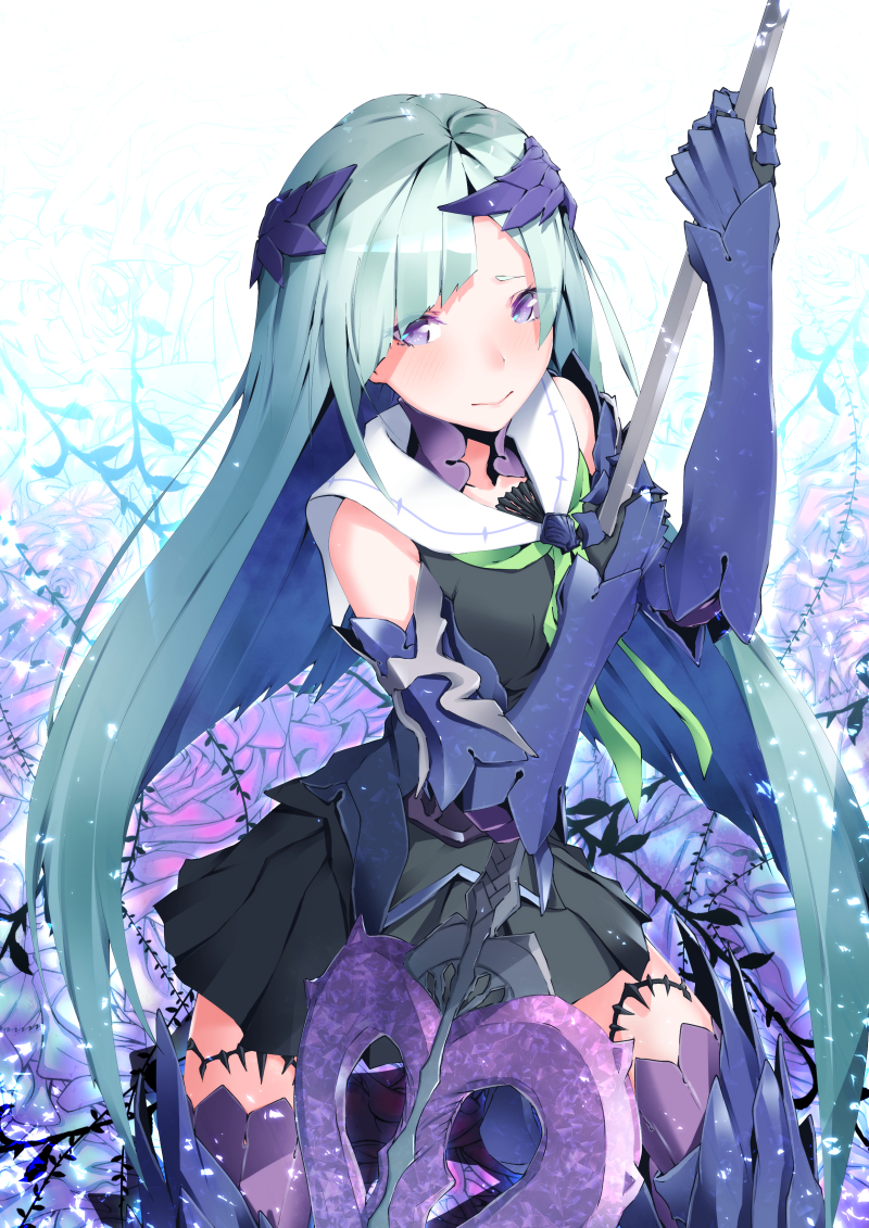 1girl, aqua_hair, armor, black_skirt, breasts, brynhildr_(fate), brynhildr_romantia, closed_mouth
