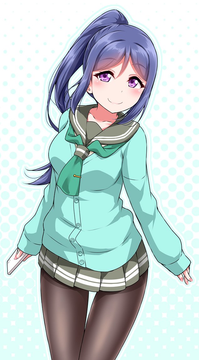 1girl, aqua_cardigan, aqua_neckwear, aqua_outline, black_legwear, blue_hair, cardigan, commentary_request