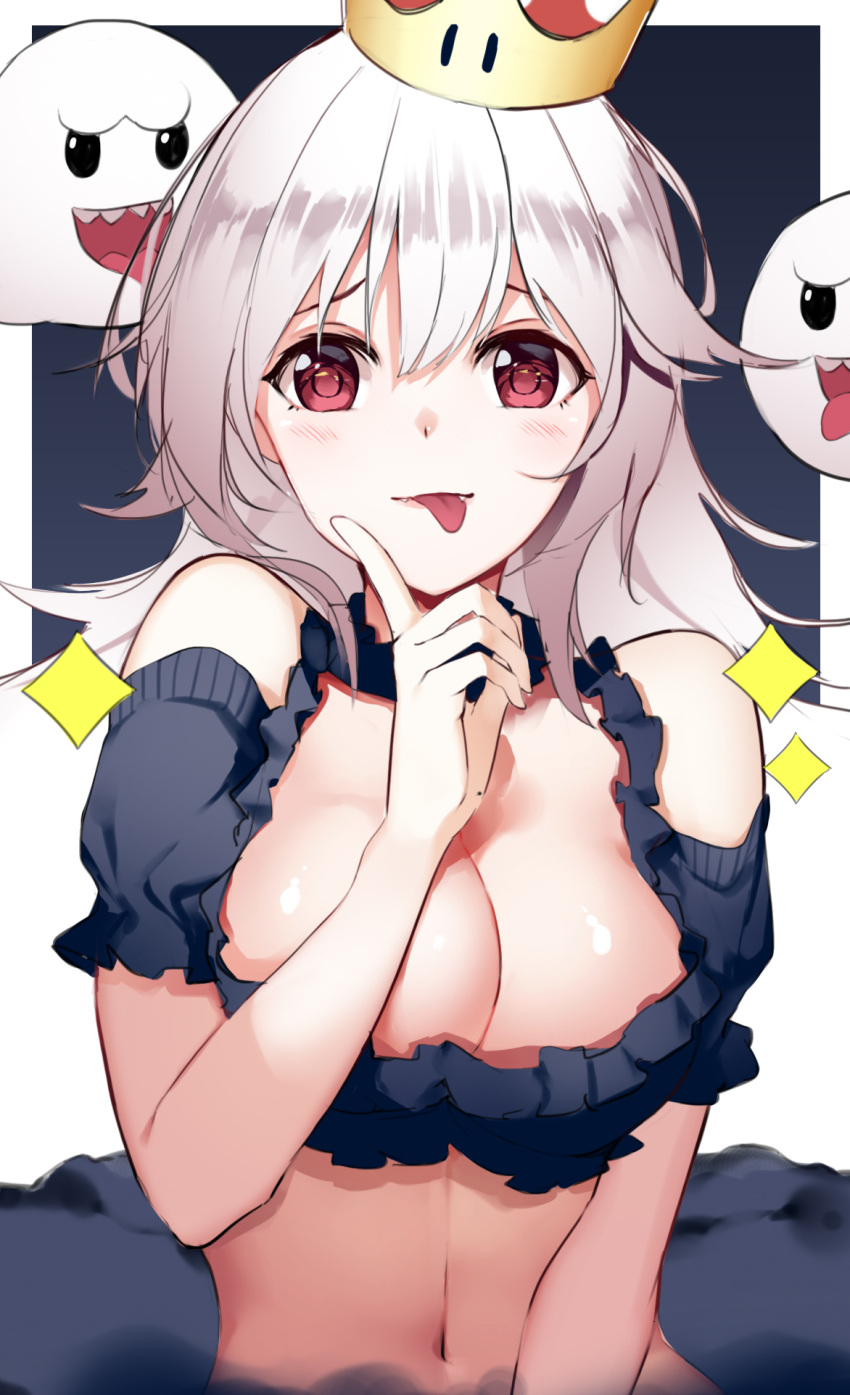 1girl, bangs, bare_shoulders, blush, boo, breasts, cleavage, closed_mouth