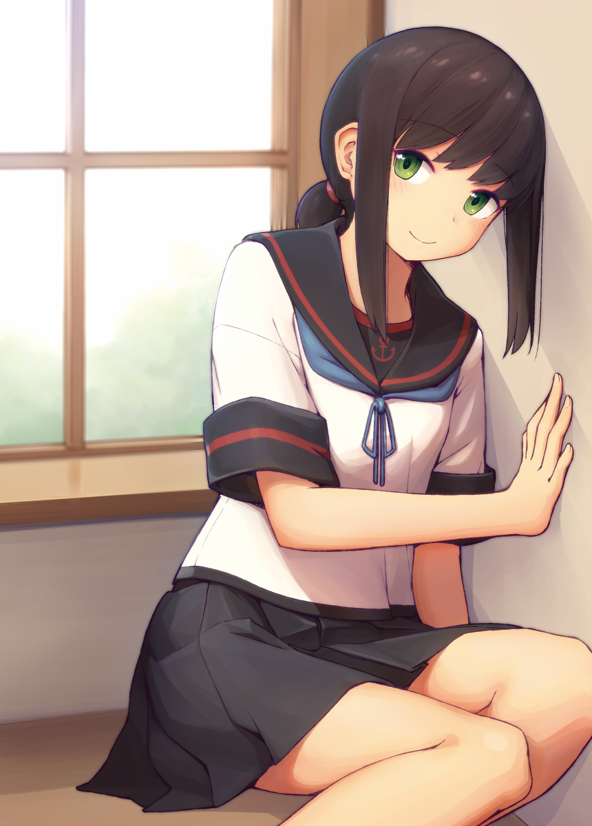 1girl, black_eyes, black_hair, black_sailor_collar, black_skirt, blue_neckwear, cowboy_shot, fubuki_(kantai_collection)