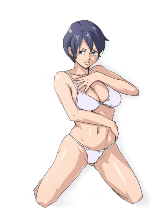 bikini, blue_hair, breasts, face, kneeling, mineji, short_hair, swimsuit