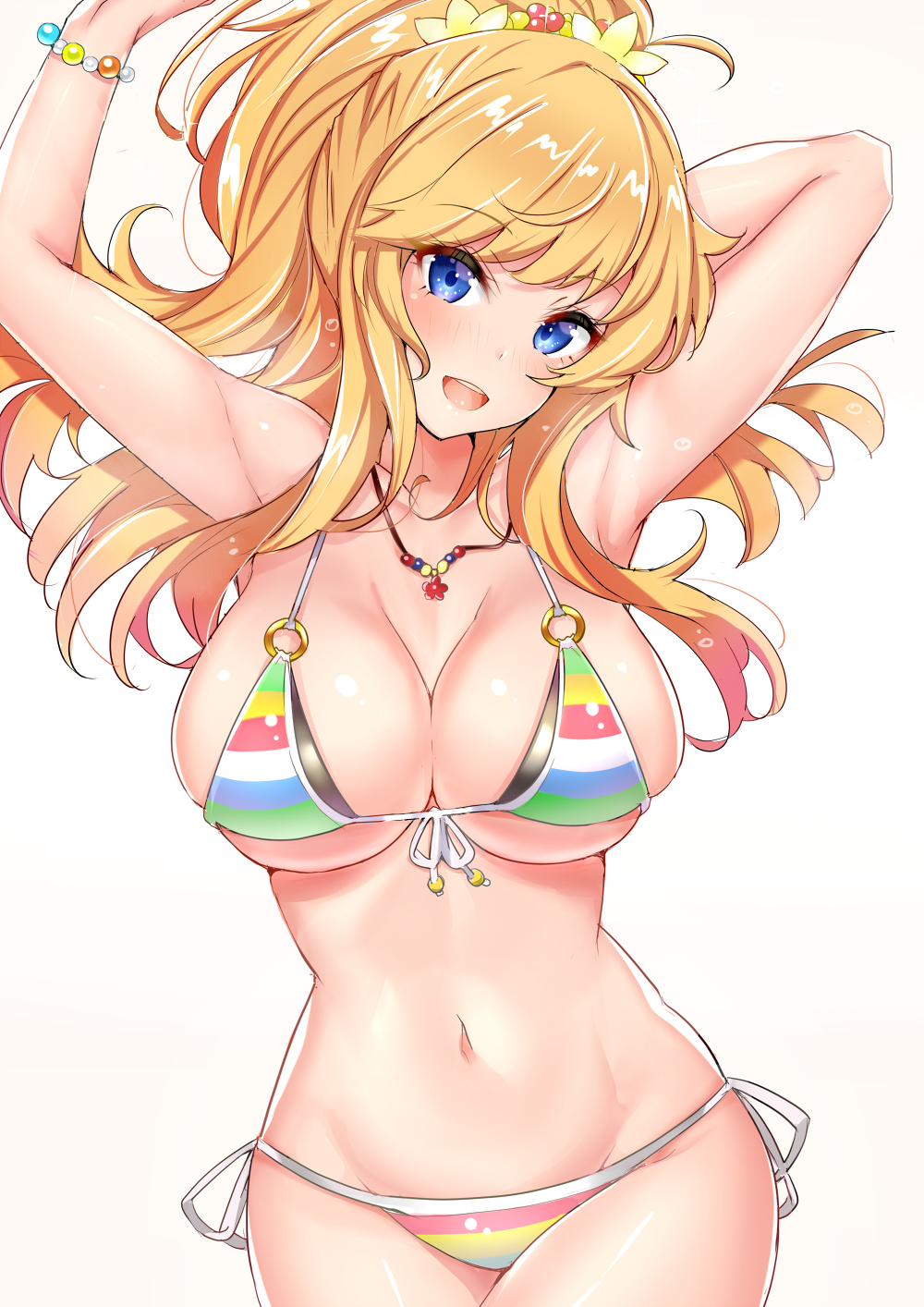 1girl, arm_behind_head, armpits, arms_up, bangs, bare_shoulders, bead_bracelet, beads
