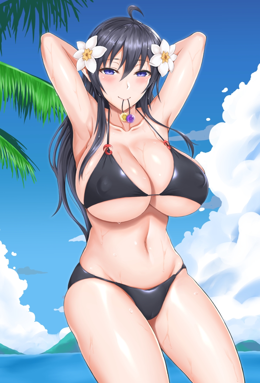 1girl, armpits, bikini, black_bikini, black_hair, blush, breasts, cleavage