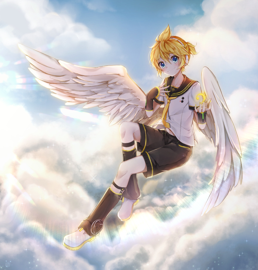 1boy, absurdres, angel_wings, bass_clef, blonde_hair, blue_eyes, clouds, detached_sleeves