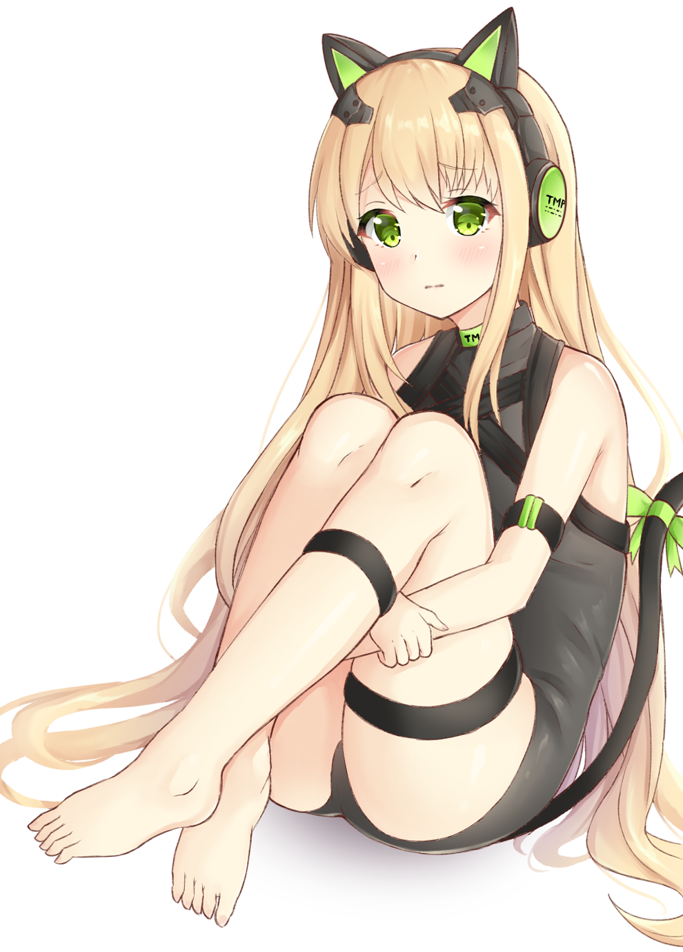 1girl, animal_ears, bangs, bare_shoulders, barefoot, blonde_hair, blush, bow