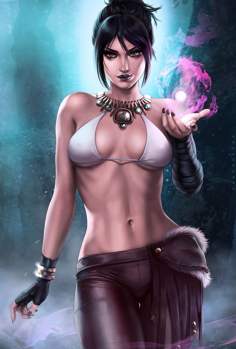 1girl, artist_name, asymmetrical_clothes, bare_shoulders, black_hair, black_lipstick, bracelet, breasts
