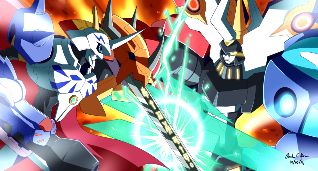 android, arm_blade, arm_cannon, armor, battle, blank_eyes, blue_eyes, cape