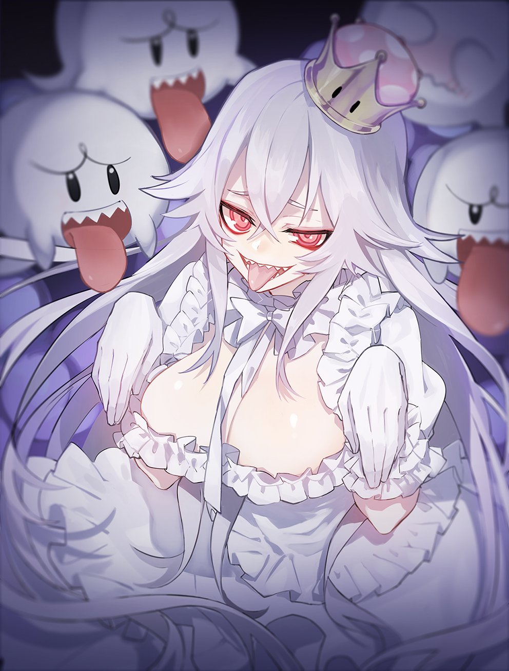1girl, boo, bow, breasts, cleavage, commentary_request, crown, dress