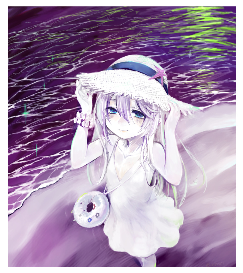 1girl, beach, blue_eyes, blush, closed_mouth, dress, enemy_lifebuoy_(kantai_collection), eyebrows_visible_through_hair