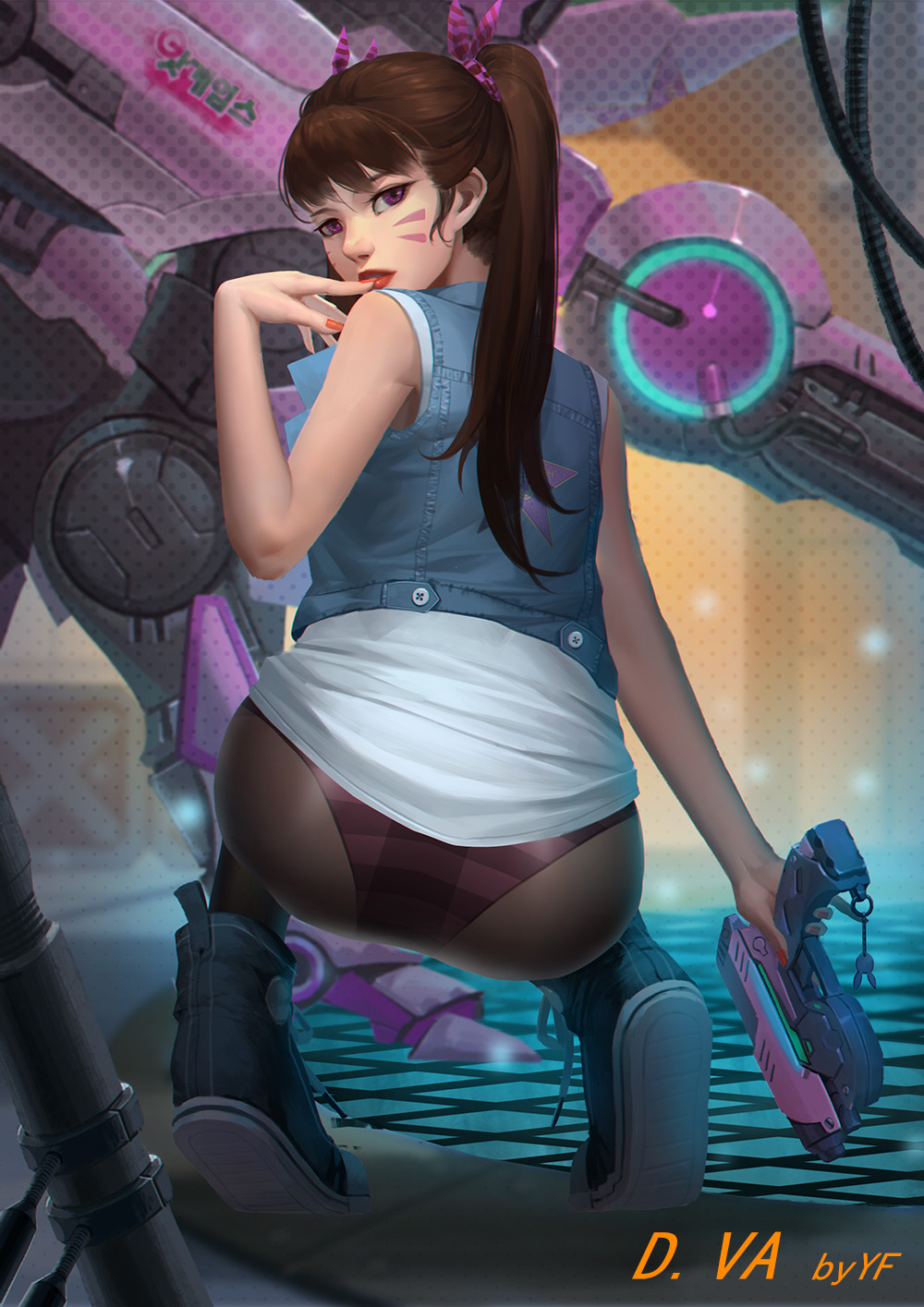 1girl, alternate_costume, alternate_hairstyle, arm_at_side, ass, back, bangs, bare_shoulders, baschyf, brown_hair, brown_legwear, charm_(object), d.va_(overwatch), eyelashes, facepaint, facial_mark, finger_to_mouth, fingernails, from_behind, full_body, gun, hair_ribbon, hand_up, handgun, highres, holding, holding_gun, holding_weapon, lips, lipstick, long_fingernails, long_hair, looking_at_viewer, looking_back, makeup, mecha, meka_(overwatch), nail_polish, nose, overwatch, panties, panties_under_pantyhose, pantyhose, parted_lips, pistol, purple_panties, red_lips, red_lipstick, red_nails, ribbon, shoes, sleeveless, sneakers, solo, squatting, tiptoes, trigger_discipline, underwear, violet_eyes, weapon, whisker_markings