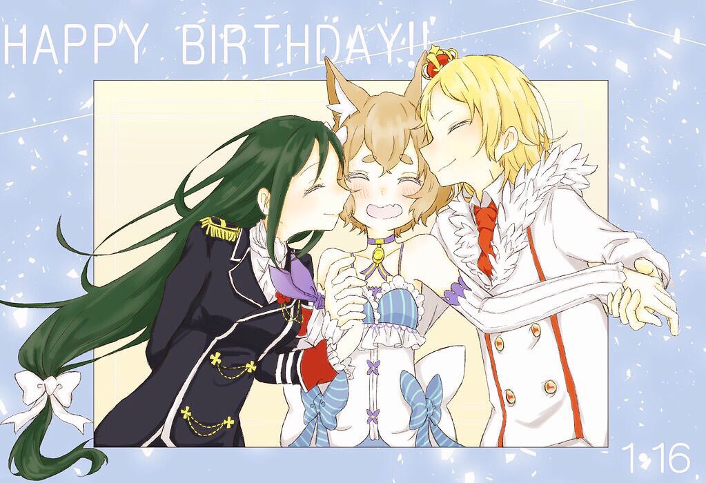 1girl, 2boys, animal_ears, birthday, blonde_hair, brown_hair, cat_ears, crusch_karsten